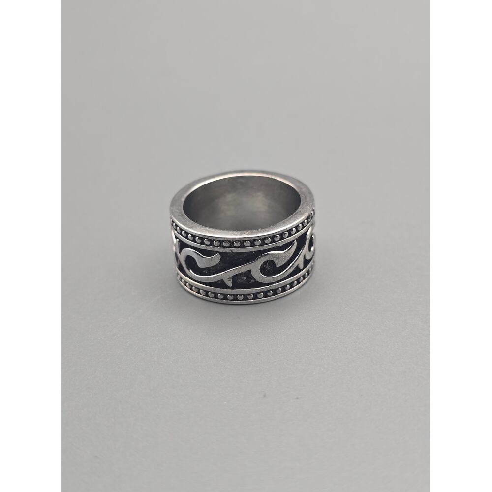 Sterling Silver S925 Wide Band Ring Black Enamel Scroll Size 10